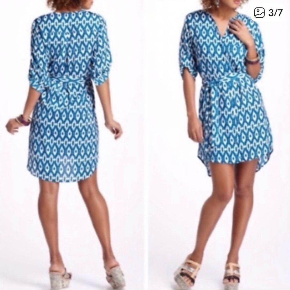 Anthropologie Maeve Teal Print Shirt Dress